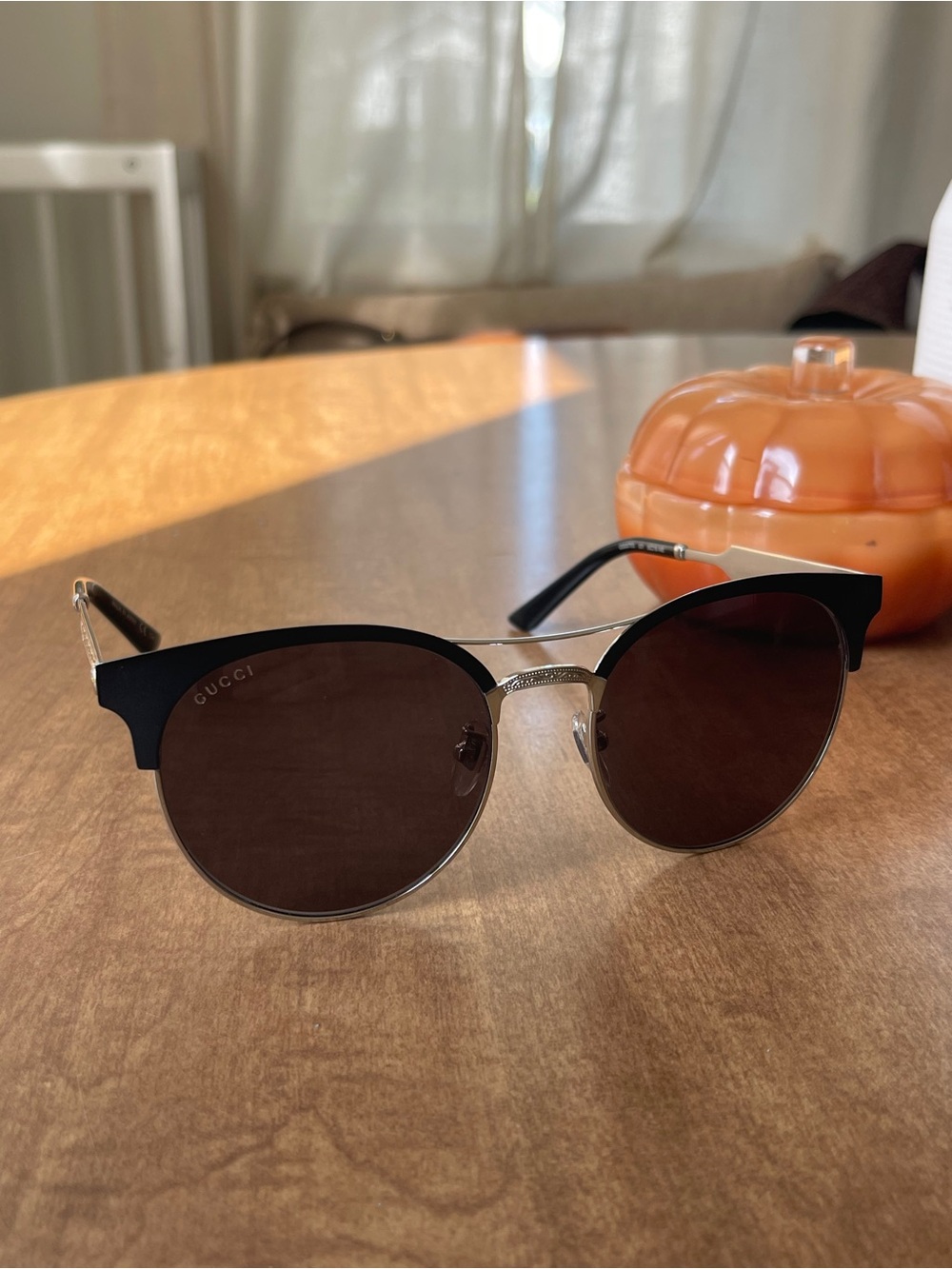 Authentic Gucci GG0075S Browline Sunglasses - Matte Black Silver and gold